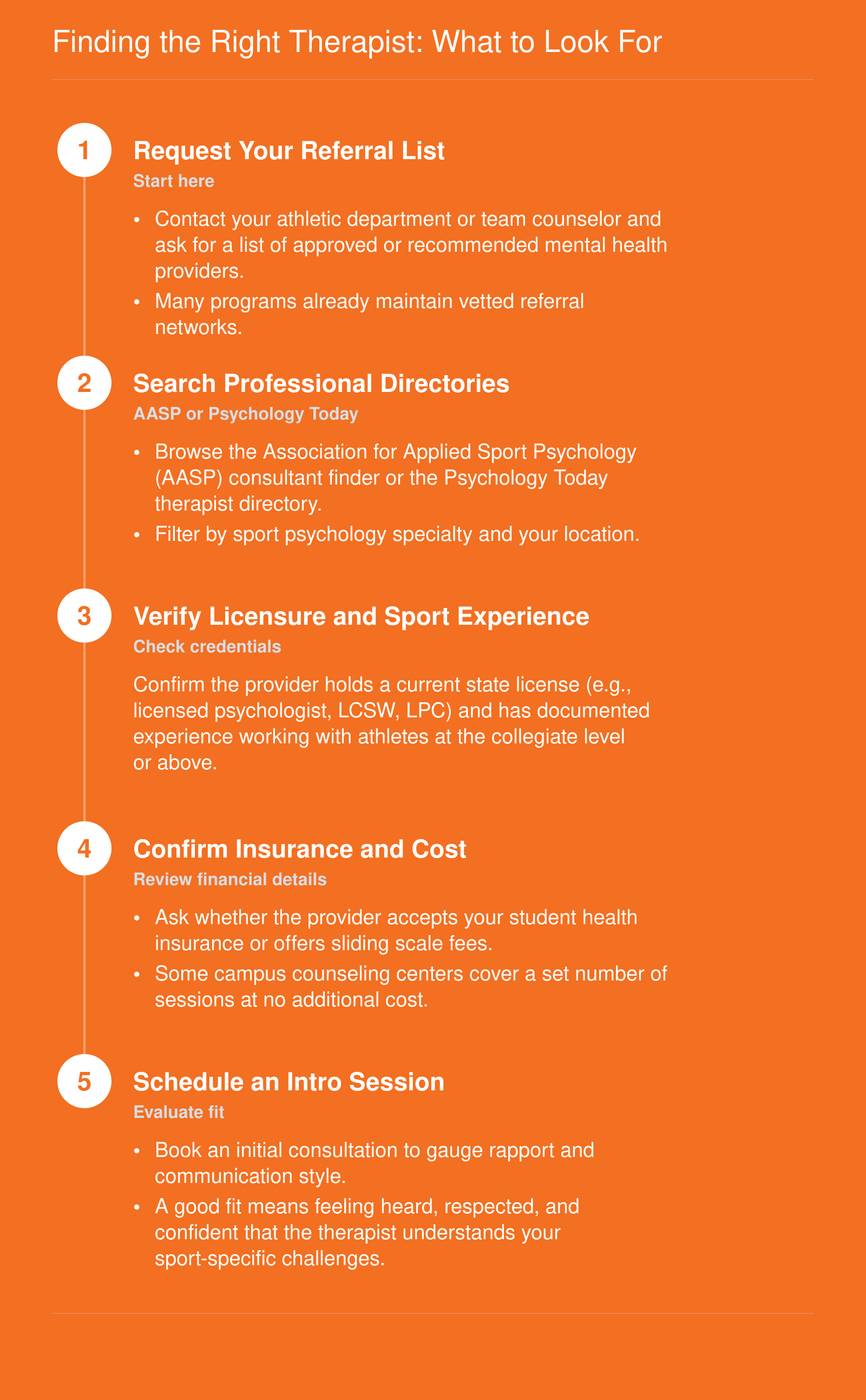 Five step process for student athletes to find a sports-informed therapist, from referral to fit evaluation