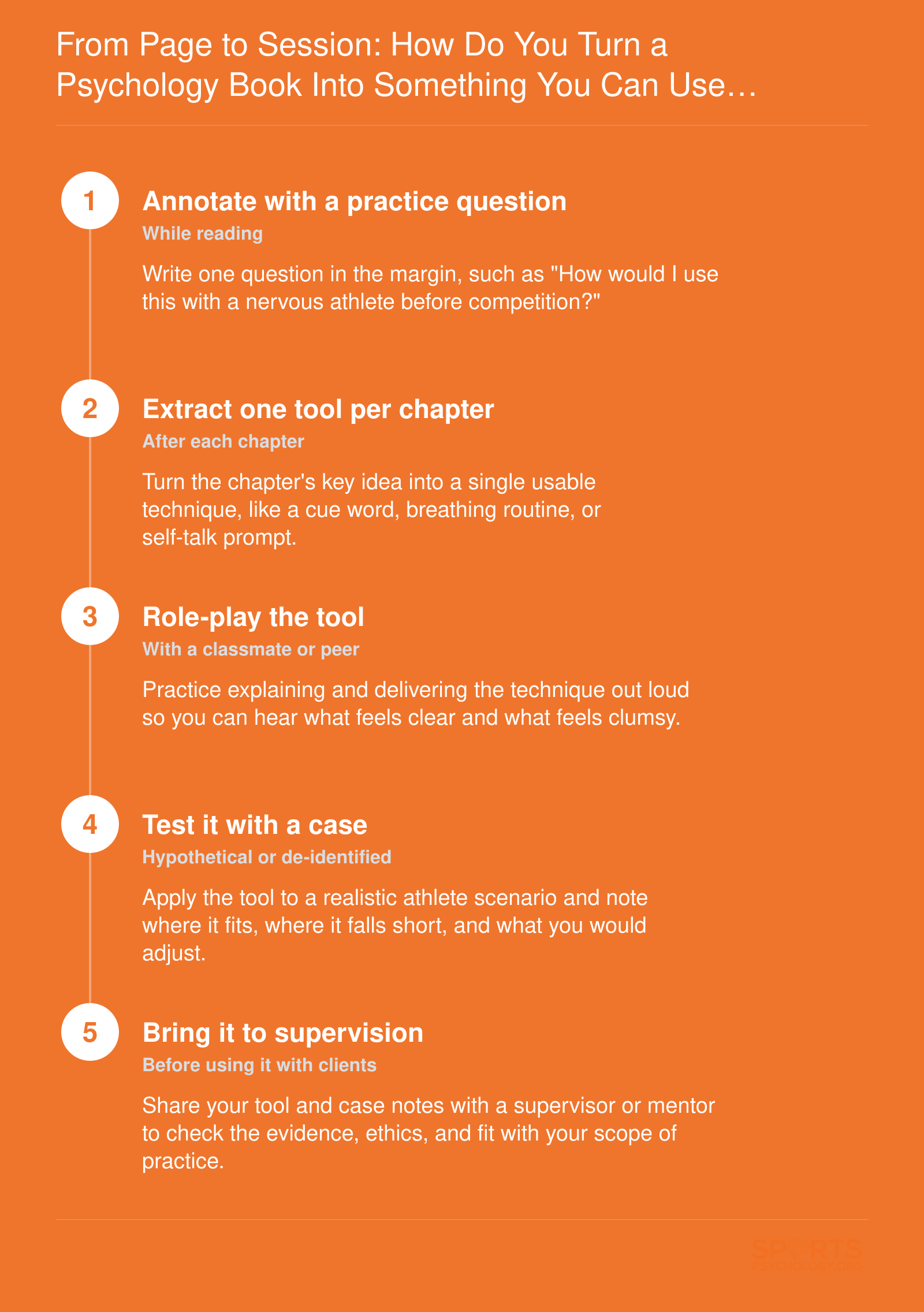 Five ordered steps for applying sport psychology reading: annotate, extract a tool, role-play, test with a case, bring to supervision