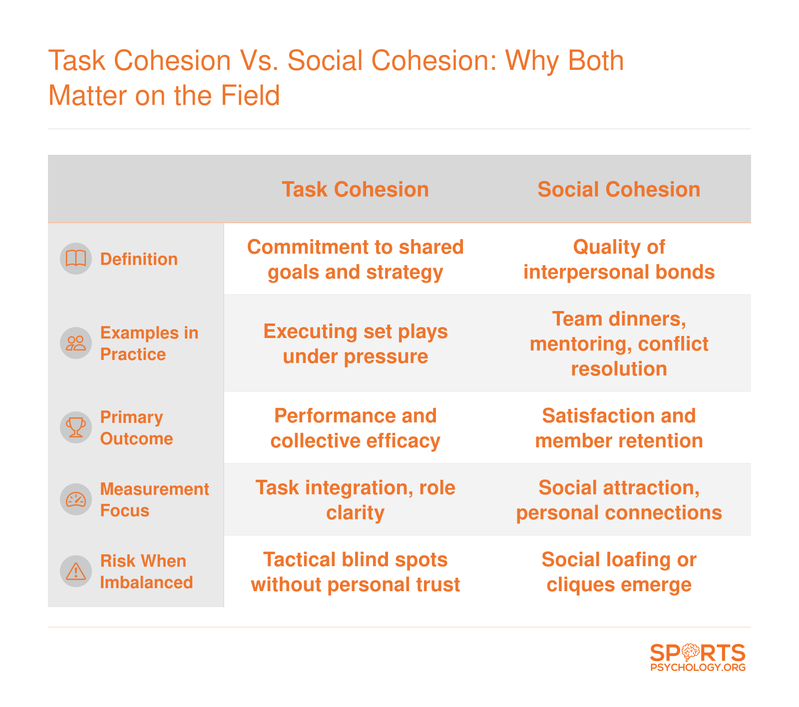 A comparison table outlining task cohesion (commitment to goals, performance outcomes) versus social cohesion (interpersonal bonds, satisfaction) in team sports, including examples and risks.
