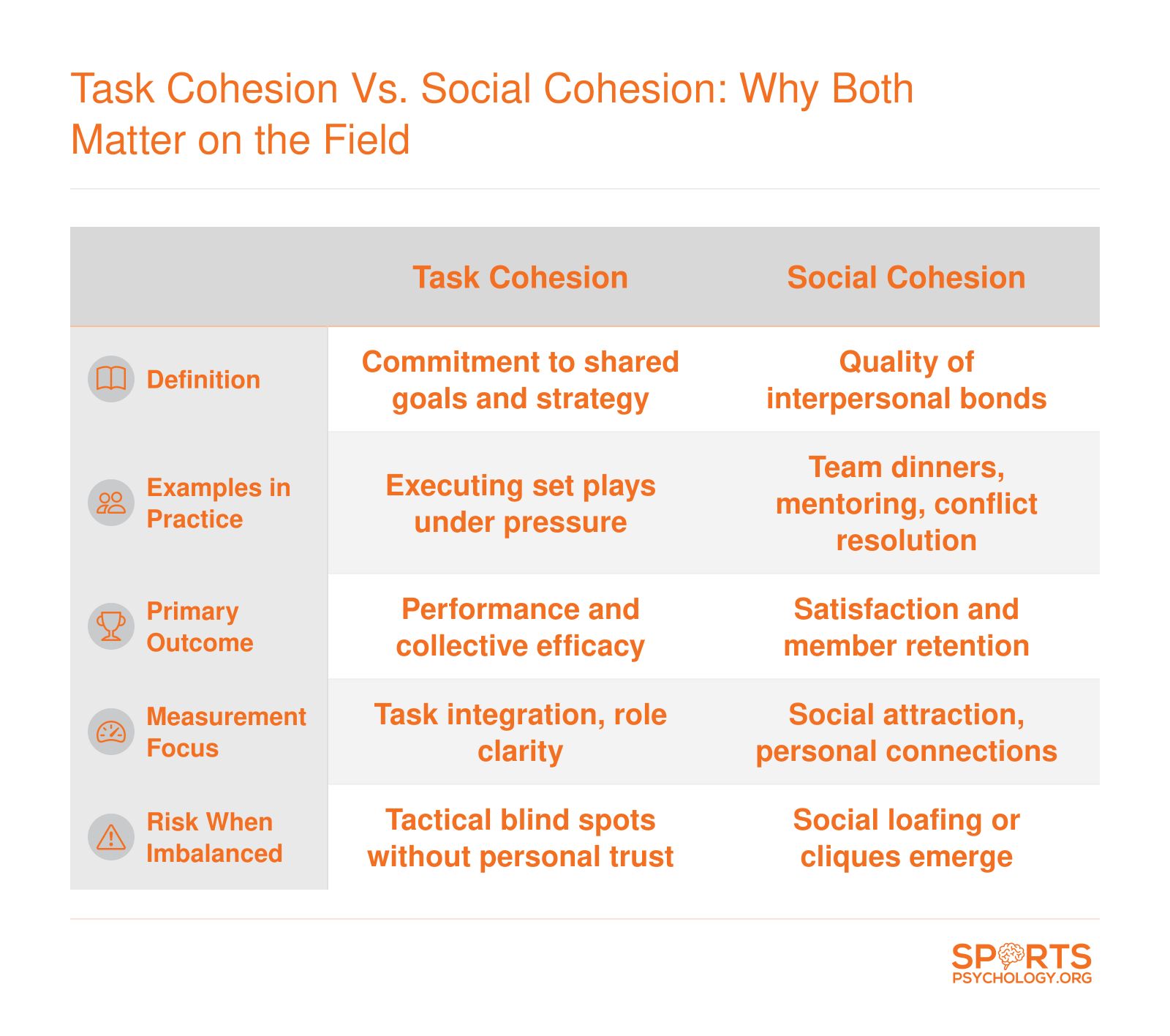 A comparison table outlining task cohesion (commitment to goals, performance outcomes) versus social cohesion (interpersonal bonds, satisfaction) in team sports, including examples and risks.