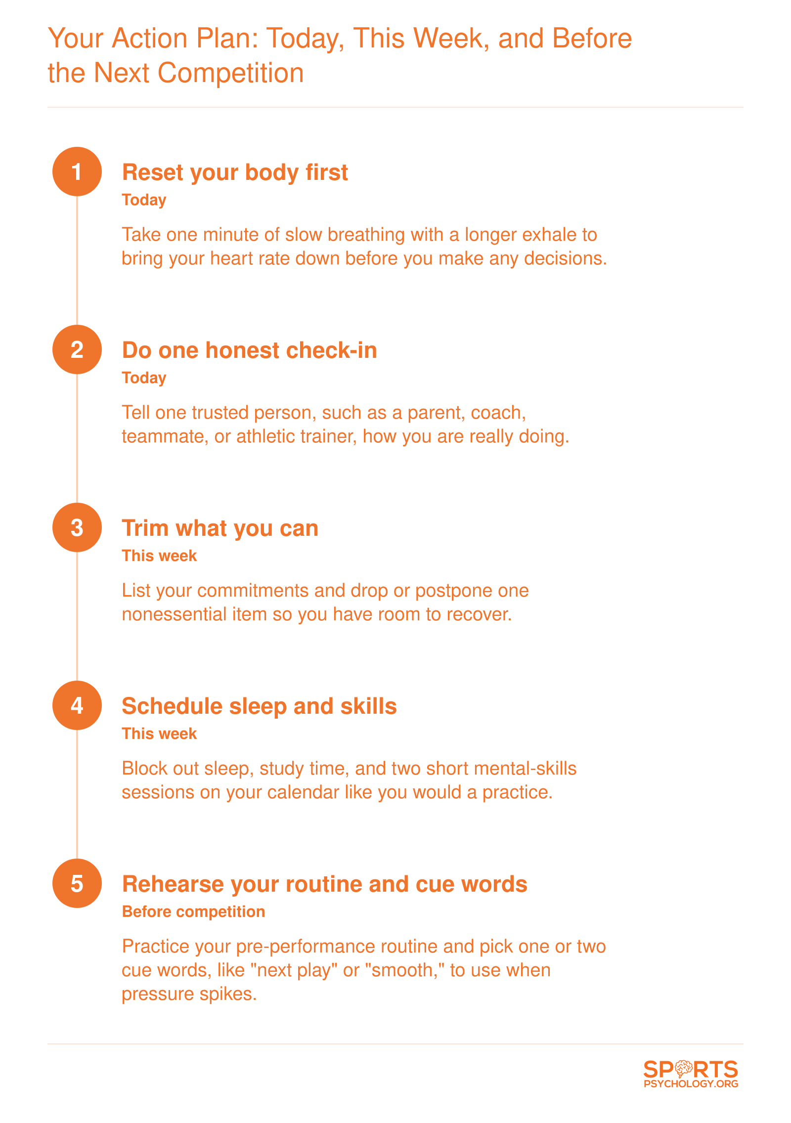 Five-step student athlete plan to manage overwhelm: reset today, trim and schedule this week, rehearse routine before competition
