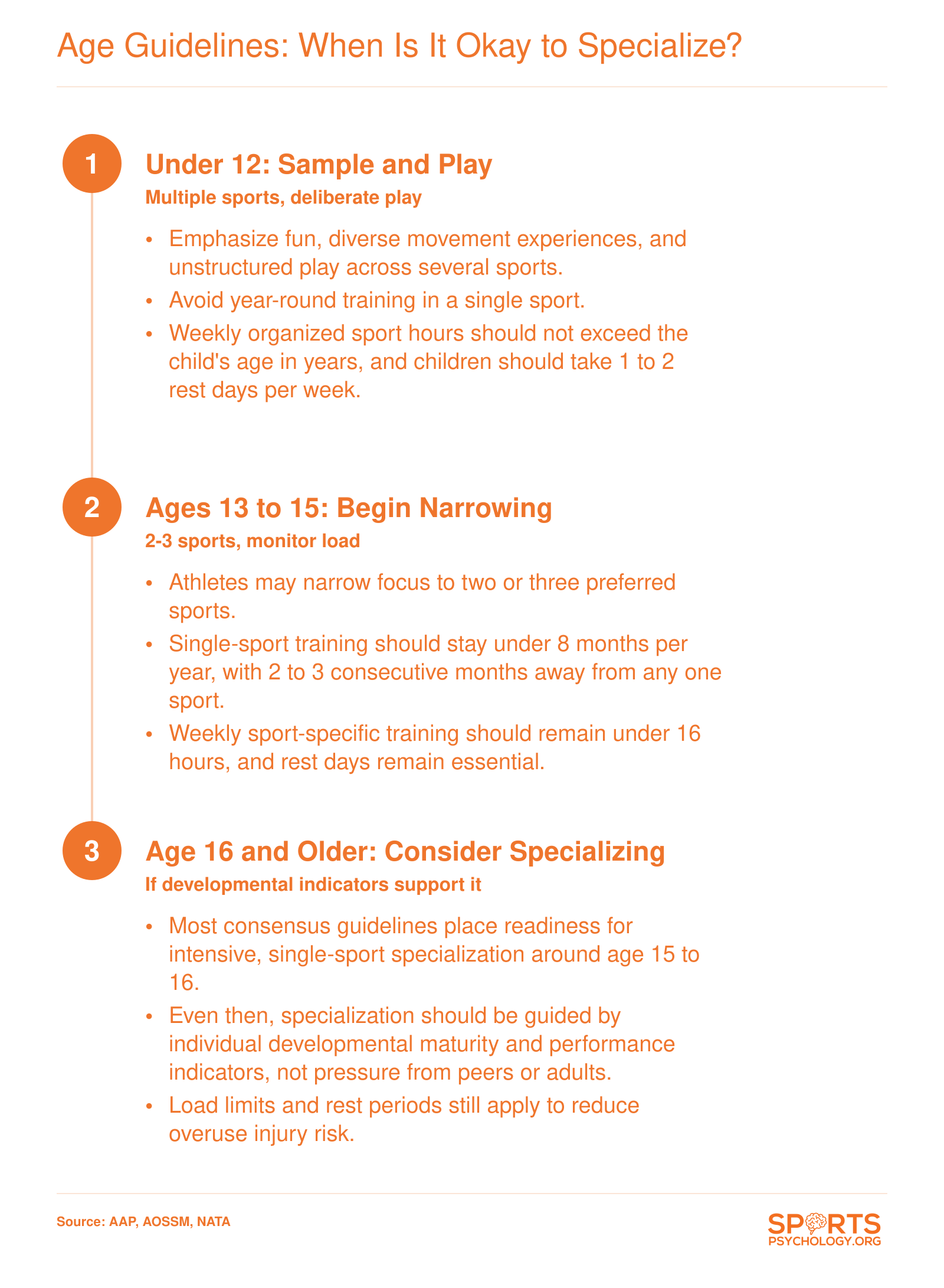 Three-stage age guideline for youth sport specialization: sample before 12, narrow to 2 to 3 sports at 13 to 15, consider specializing at 16 plus