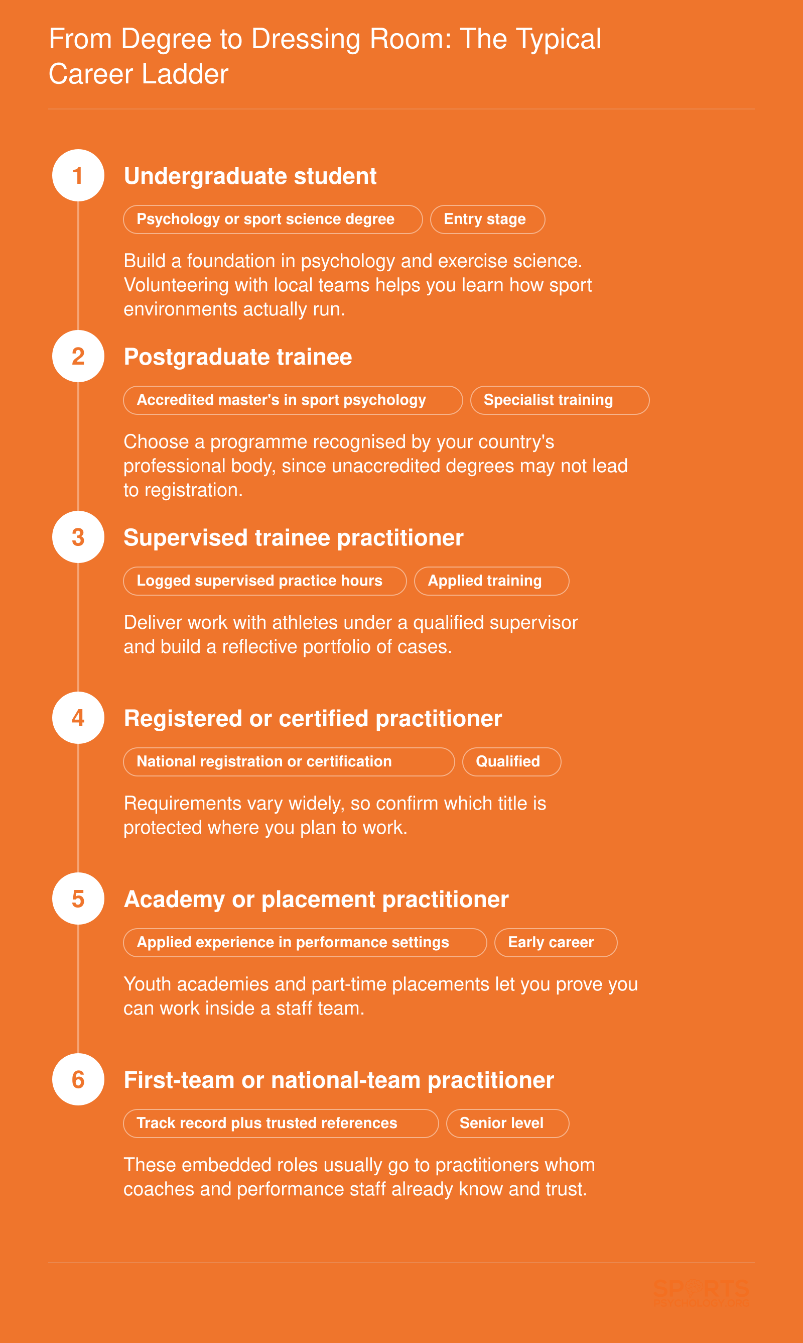 Six-stage career ladder from undergraduate degree to first-team or national-team sport psychology role
