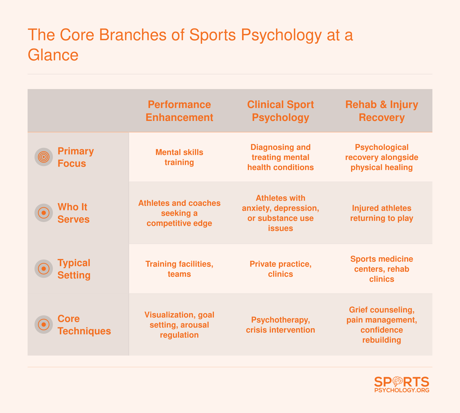 Side-by-side comparison of six sports psychology branches showing primary focus, typical clients, and common settings for each specialization