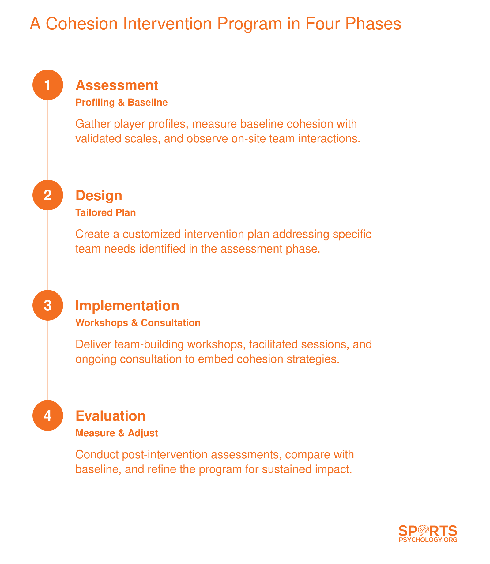Four-phase cohesion intervention process: Assessment, Design, Implementation, Evaluation.