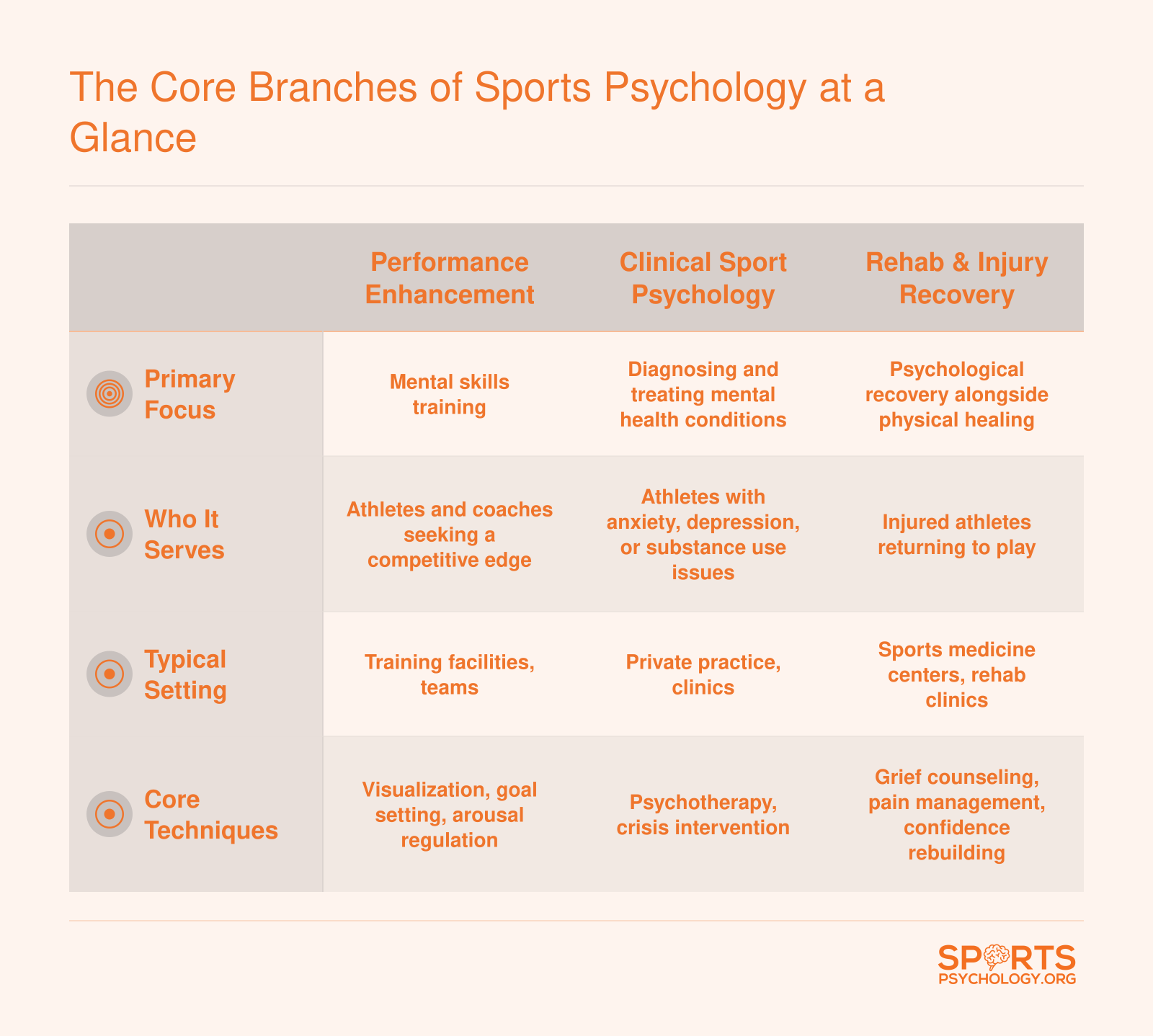 Side-by-side comparison of six sports psychology branches showing primary focus, typical clients, and common settings for each specialization